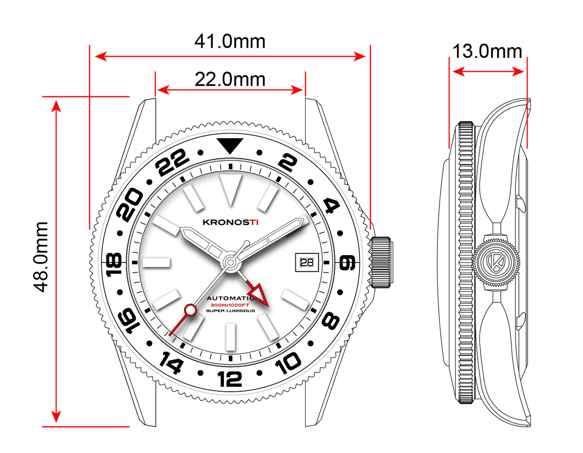 KRONOSTI STRATA GMT – 300m Titanium Automatic GMT Watch with Red agate or Amber red Dial
