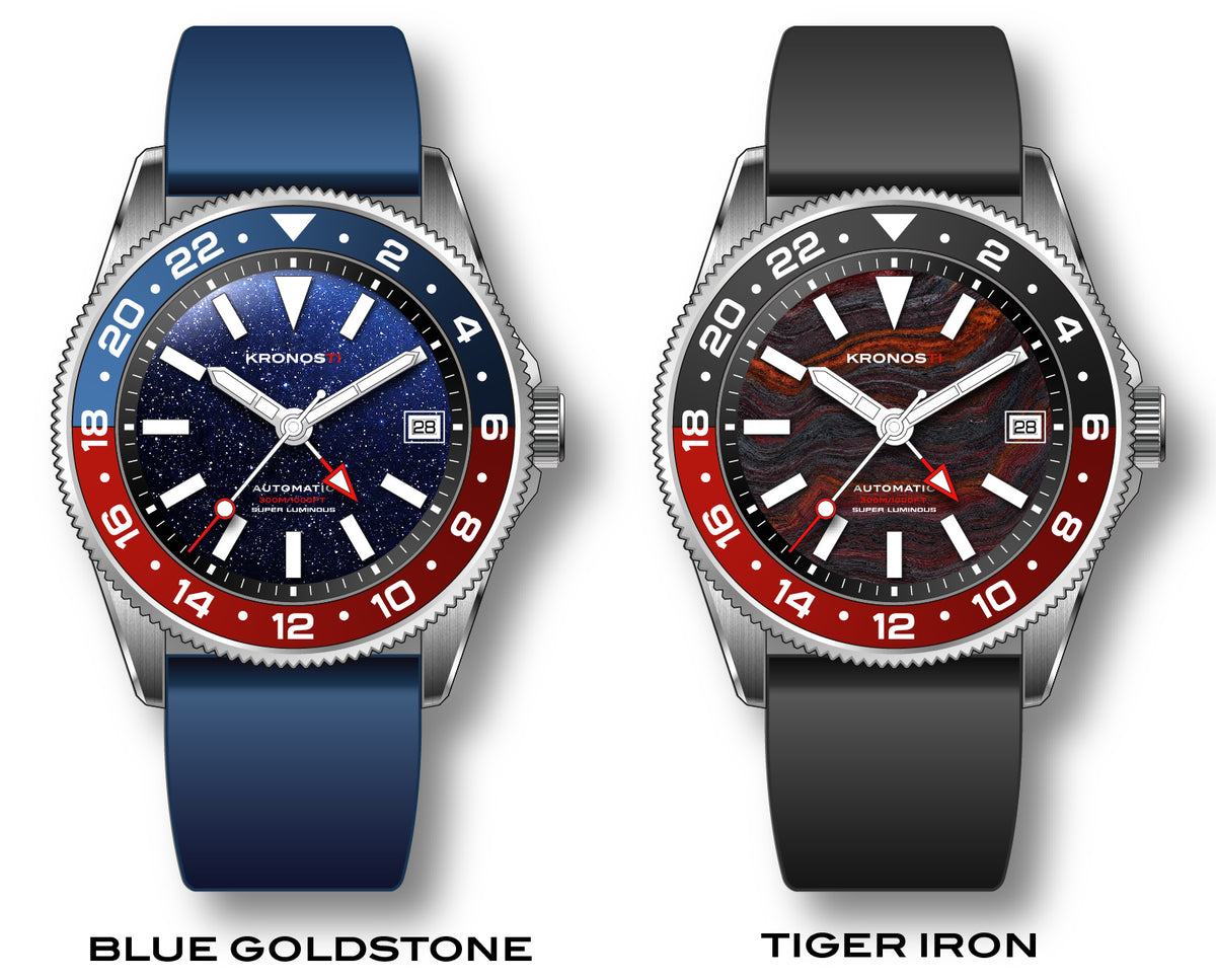 KRONOSTI STRATA GMT – 300m Titanium Automatic GMT Watch with Blue Goldstone or Tiger Iron Dial