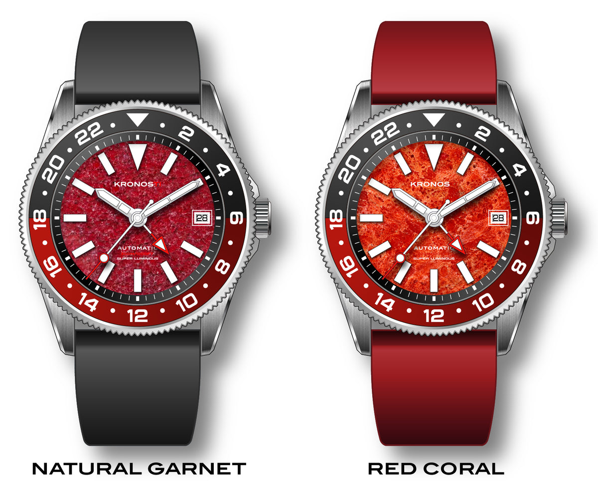 KRONOSTI STRATA GMT – 300m Titanium Automatic GMT Watch with Red Garnet or Red Coral Dial