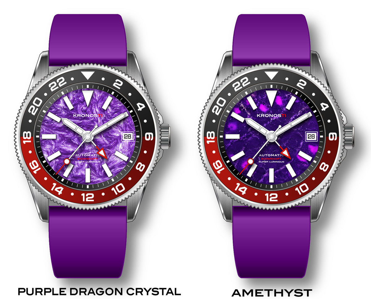 KRONOSTI STRATA GMT – 300m Titanium Automatic GMT Watch with Purple dragon crystal or Amethyst Dial