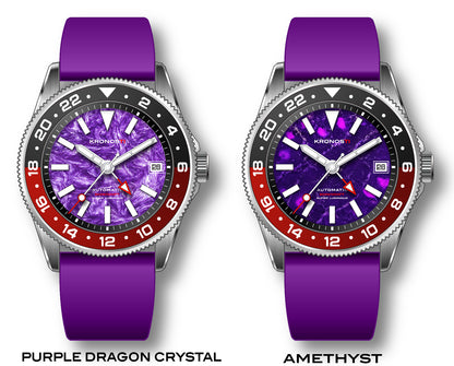 KRONOSTI STRATA GMT – 300m Titanium Automatic GMT Watch with Purple dragon crystal or Amethyst Dial