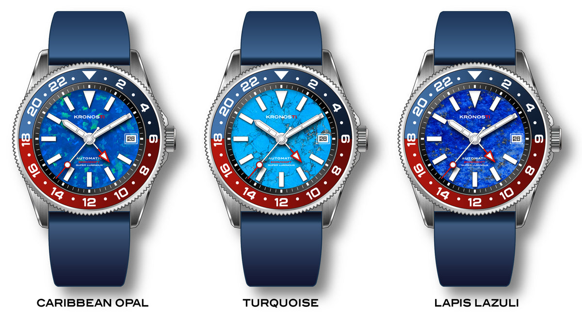 KRONOSTI STRATA GMT – 300m Titanium Automatic GMT Watch with Caribbean Opal, Turquoise, or Lapis Lazuli Dial