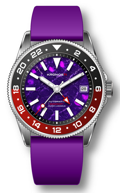 KRONOSTI STRATA GMT – 300m Titanium Automatic GMT Watch with Purple dragon crystal or Amethyst Dial
