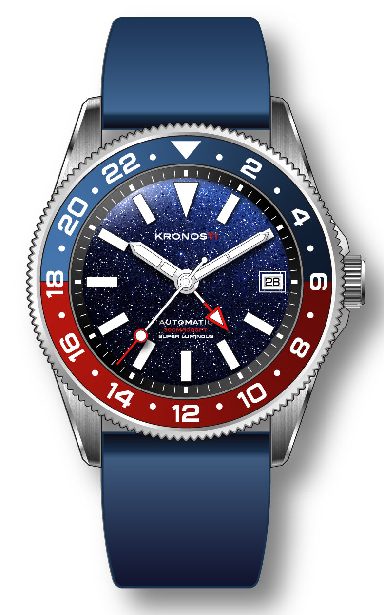 KRONOSTI STRATA GMT – 300m Titanium Automatic GMT Watch with Blue Goldstone or Tiger Iron Dial