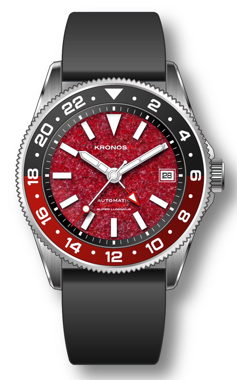 KRONOSTI STRATA GMT – 300m Titanium Automatic GMT Watch with Red Garnet or Red Coral Dial