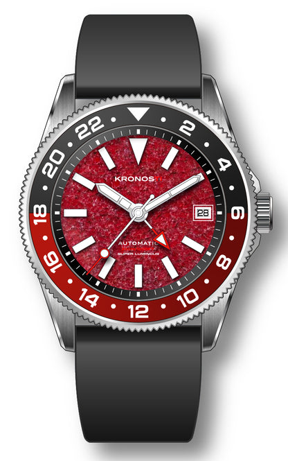 KRONOSTI STRATA GMT – 300m Titanium Automatic GMT Watch with Red Garnet or Red Coral Dial