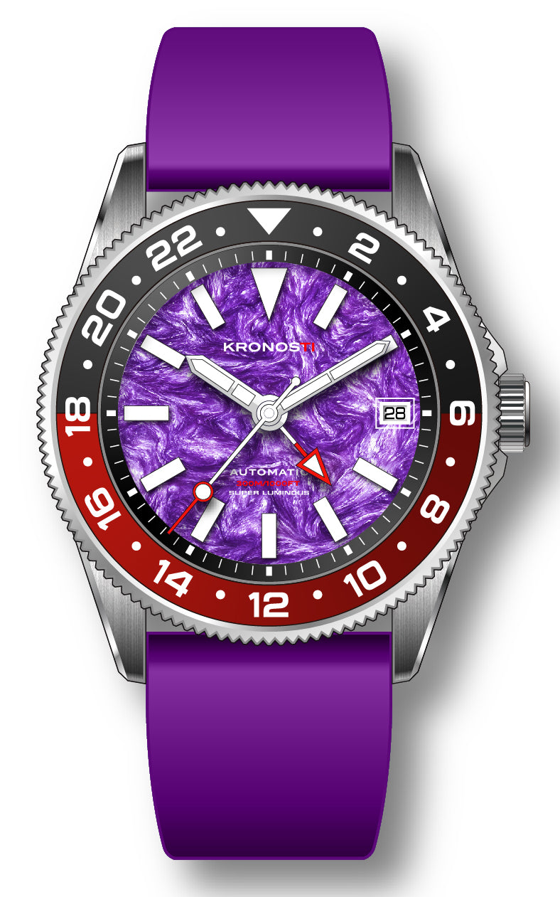 KRONOSTI STRATA GMT – 300m Titanium Automatic GMT Watch with Purple dragon crystal or Amethyst Dial