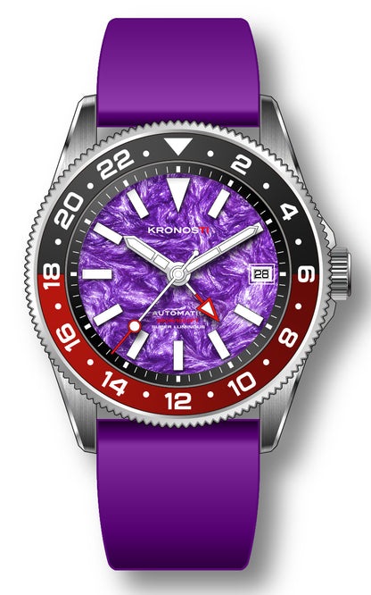 KRONOSTI STRATA GMT – 300m Titanium Automatic GMT Watch with Purple dragon crystal or Amethyst Dial
