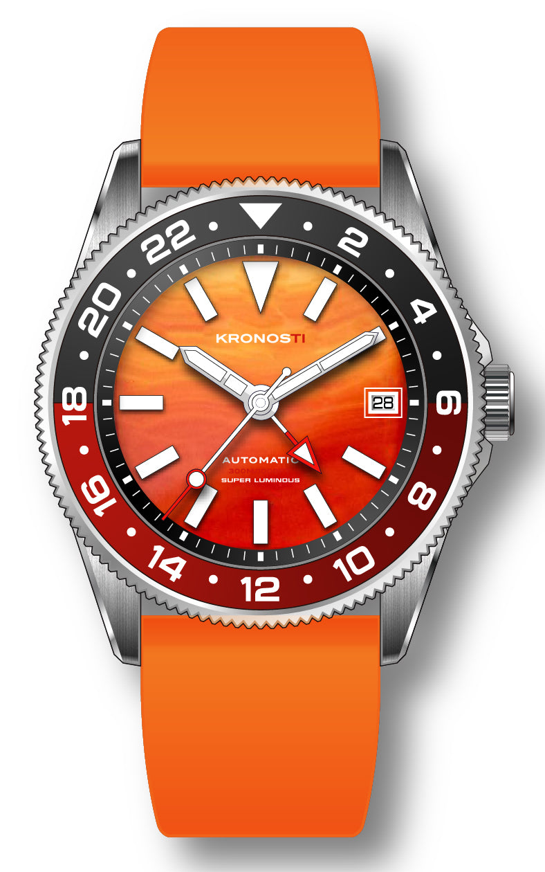KRONOSTI STRATA GMT – 300m Titanium Automatic GMT Watch with Red agate or Amber red Dial