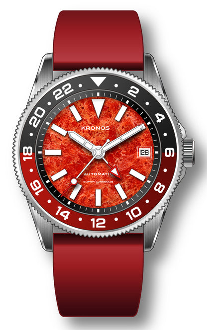 KRONOSTI STRATA GMT – 300m Titanium Automatic GMT Watch with Red Garnet or Red Coral Dial