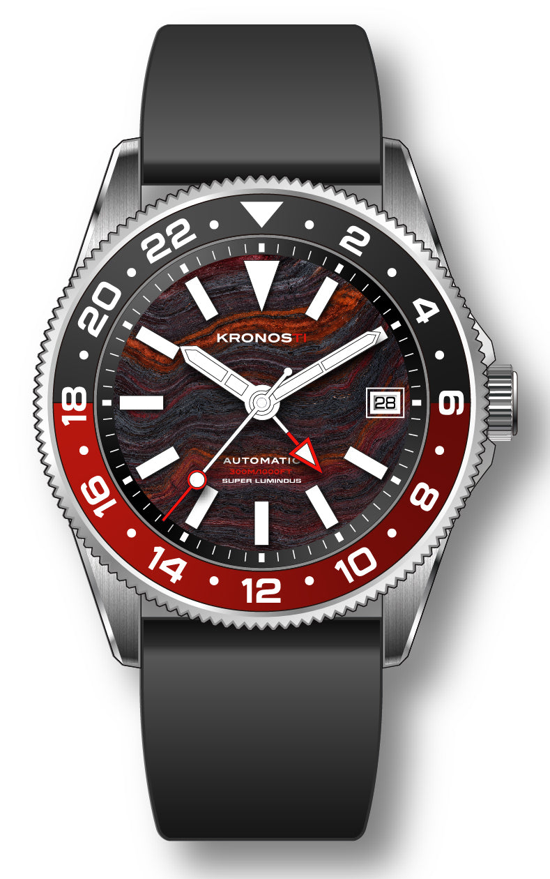 KRONOSTI STRATA GMT – 300m Titanium Automatic GMT Watch with Blue Goldstone or Tiger Iron Dial