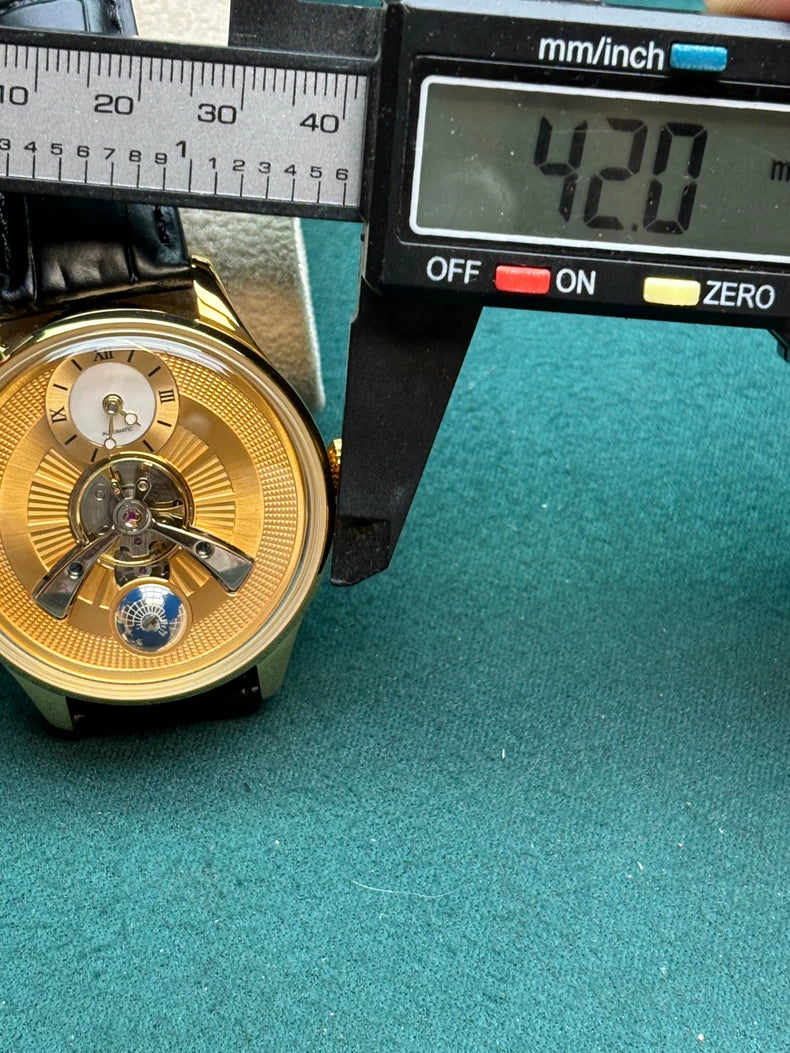 Swiss Luxury Watch: 18K Gold Case, Mother-of-Pearl Sub-Dial & Rotating Globe, Precision Automatic Movement with Dual Rotors