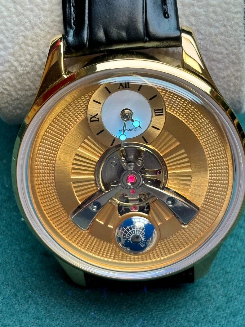 Swiss Luxury Watch: 18K Gold Case, Mother-of-Pearl Sub-Dial & Rotating Globe, Precision Automatic Movement with Dual Rotors