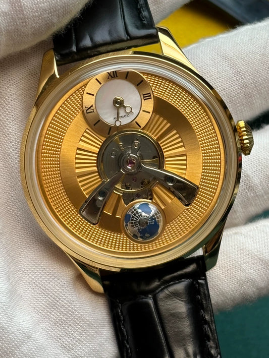 Swiss Luxury Watch: 18K Gold Case, Mother-of-Pearl Sub-Dial & Rotating Globe, Precision Automatic Movement with Dual Rotors