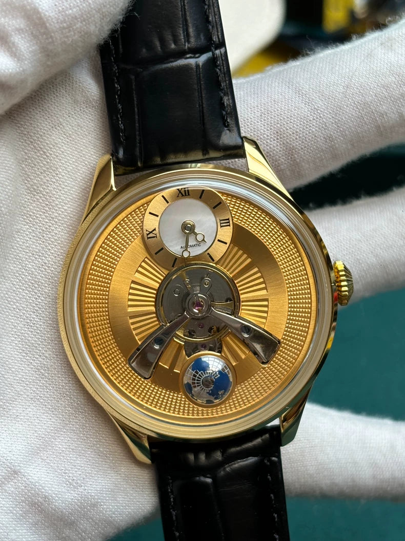 Swiss Luxury Watch: 18K Gold Case, Mother-of-Pearl Sub-Dial & Rotating Globe, Precision Automatic Movement with Dual Rotors